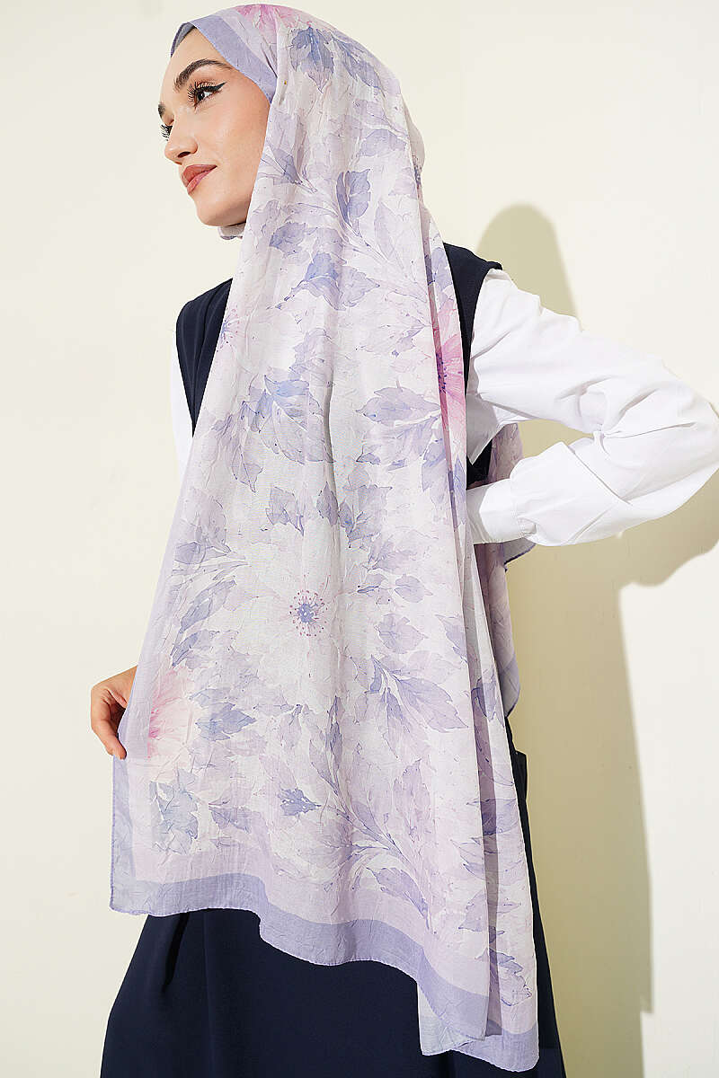 Pastel Floral Bamboo Crinkle Shawl - Lilac
