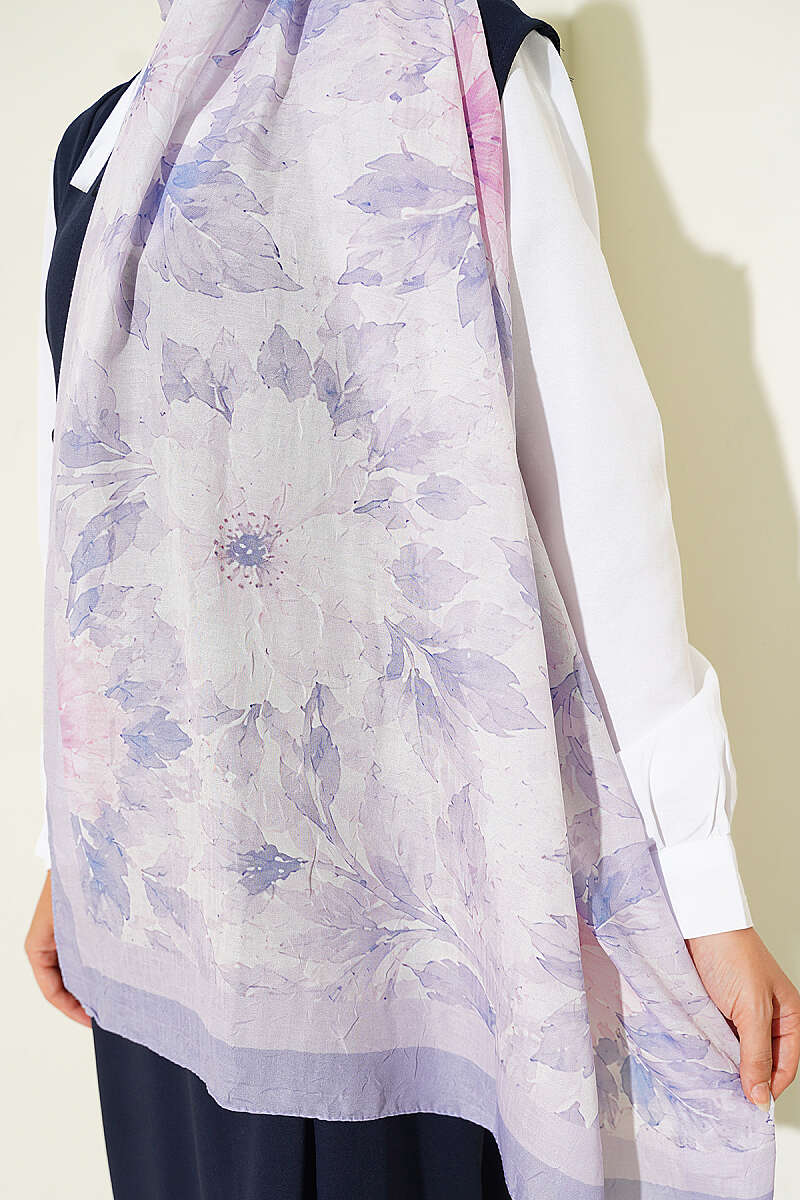 Pastel Floral Bamboo Crinkle Shawl - Lilac