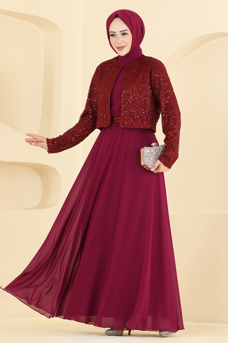 Sequin Evening Dress with Jacket - Burgundy