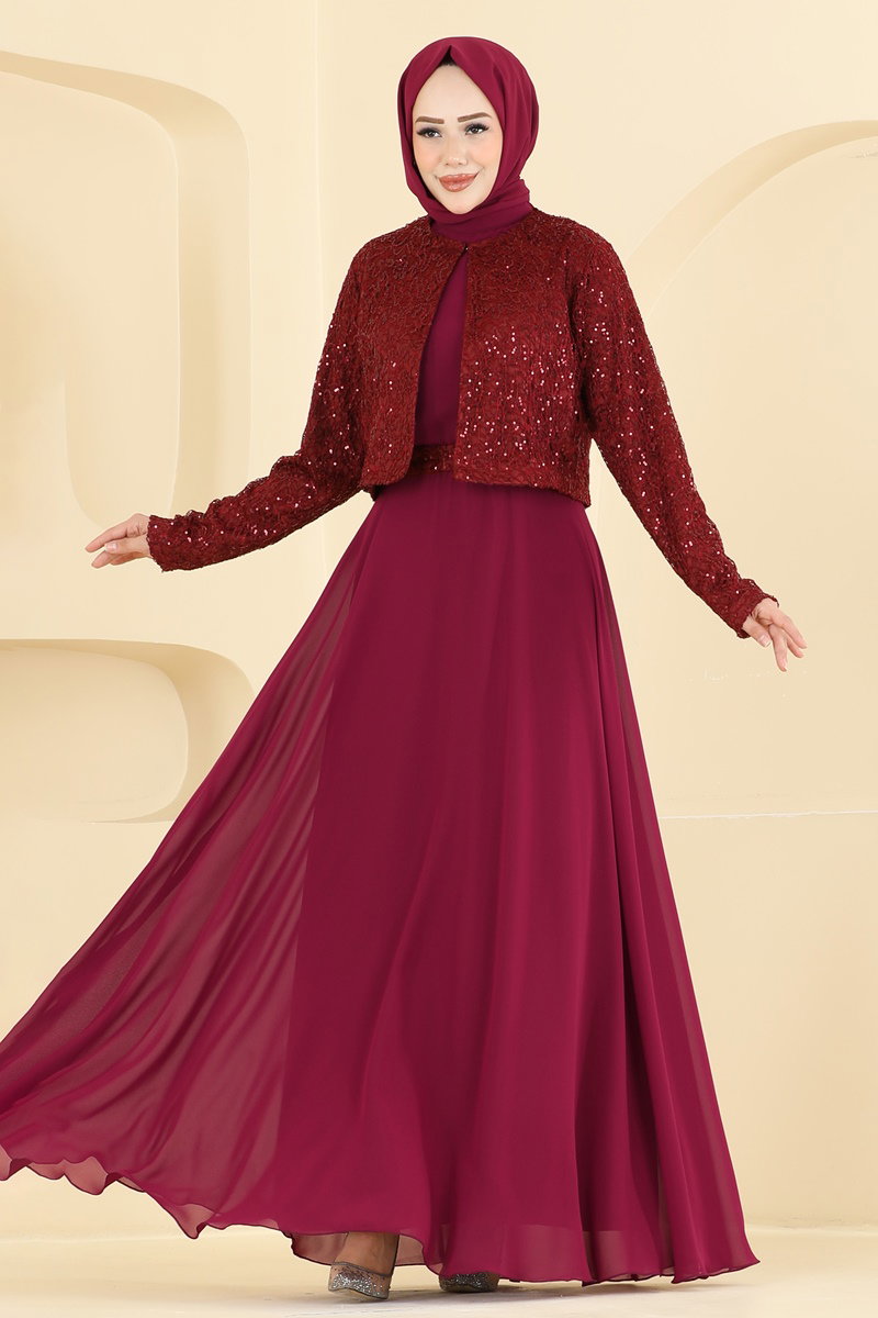 Sequin Evening Dress with Jacket - Burgundy