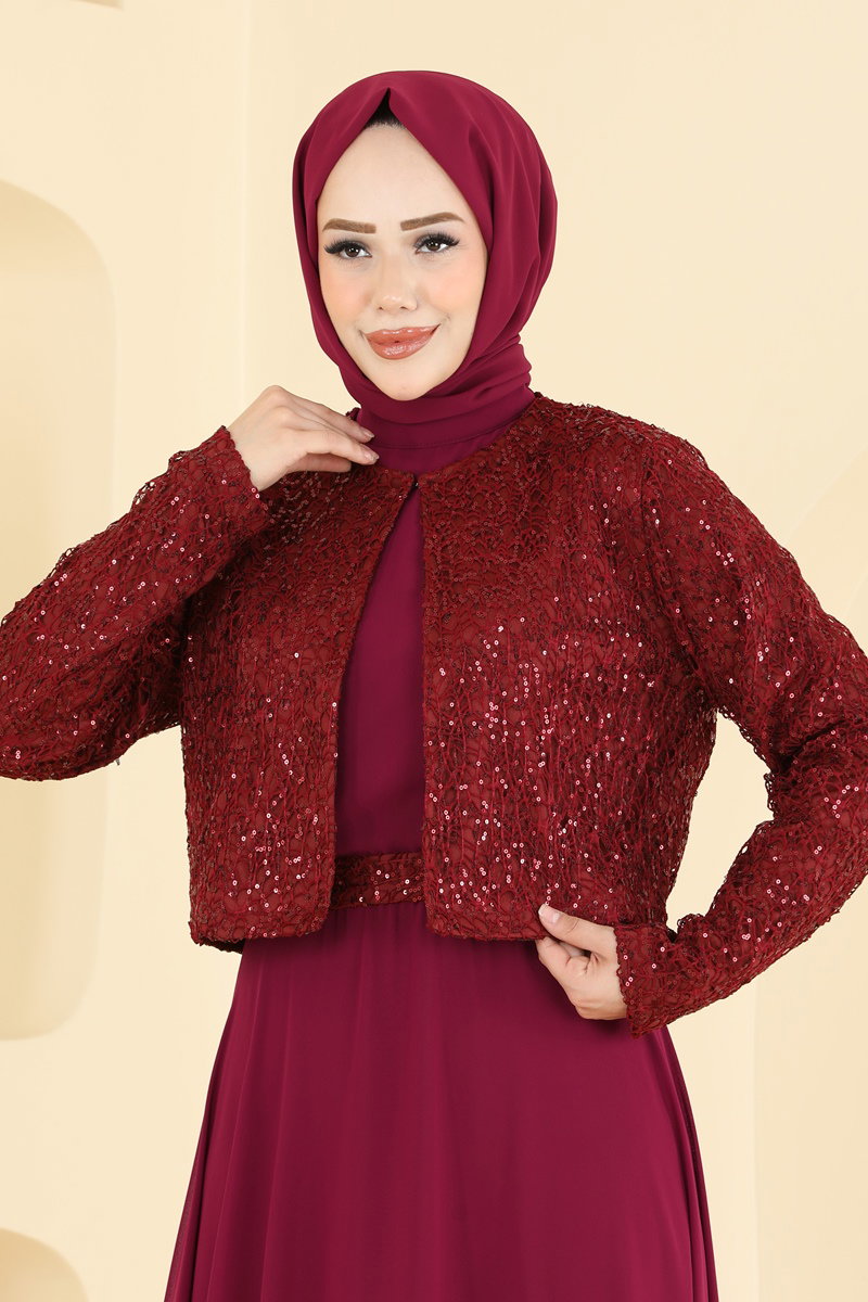 Sequin Evening Dress with Jacket - Burgundy
