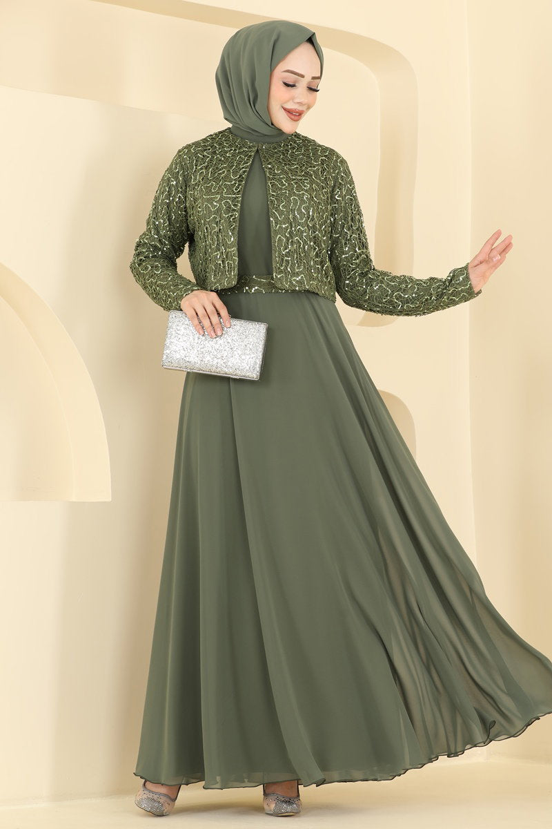 Sequin Evening Dress with Jacket - Khaki