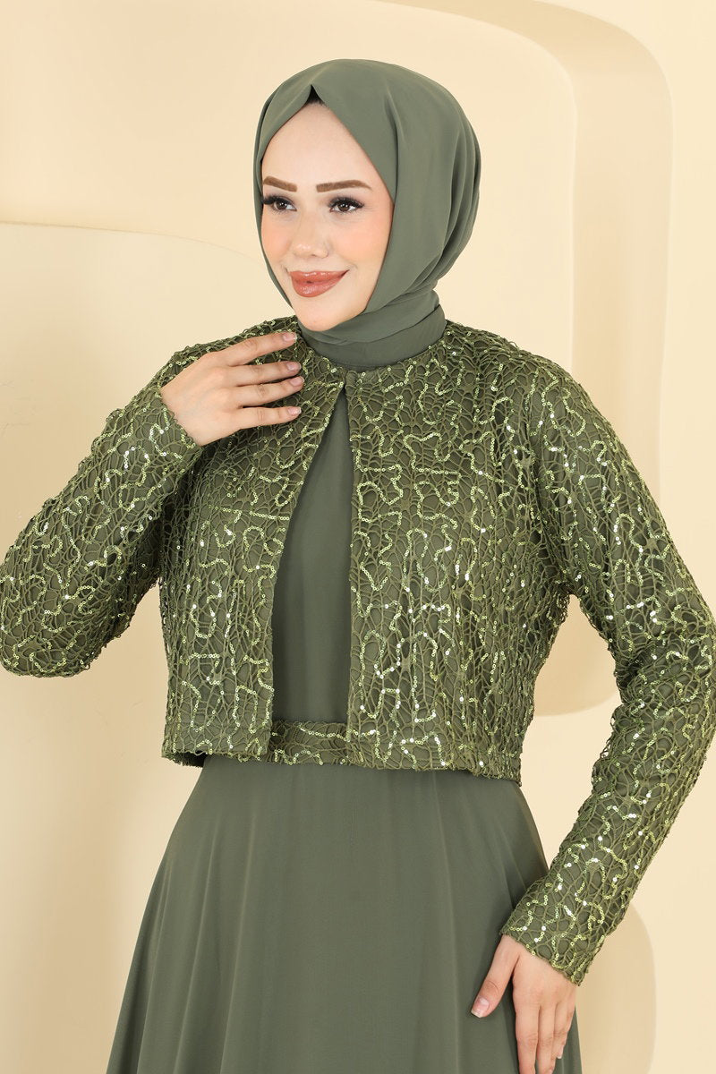 Sequin Evening Dress with Jacket - Khaki
