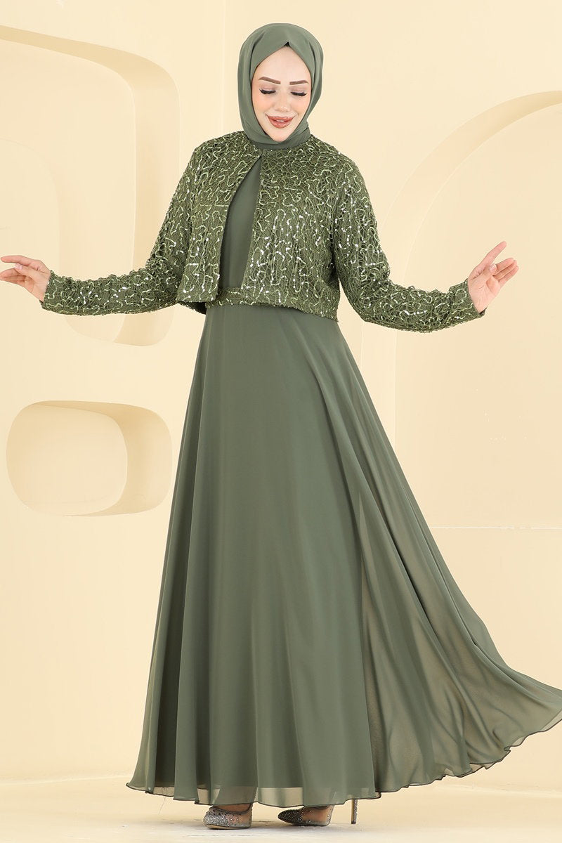 Sequin Evening Dress with Jacket - Khaki