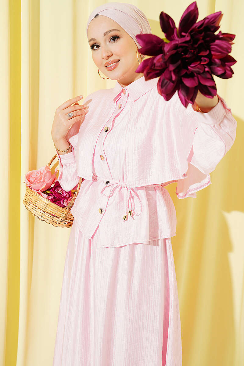 Two-Piece Skirt Set with Cape Blouse - Pink