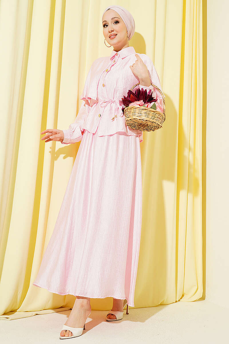 Two-Piece Skirt Set with Cape Blouse - Pink