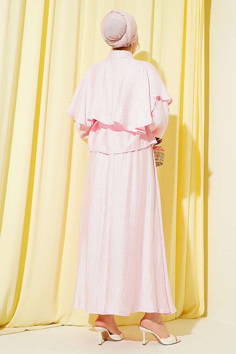 Two-Piece Skirt Set with Cape Blouse - Pink