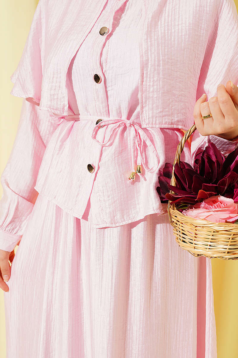 Two-Piece Skirt Set with Cape Blouse - Pink