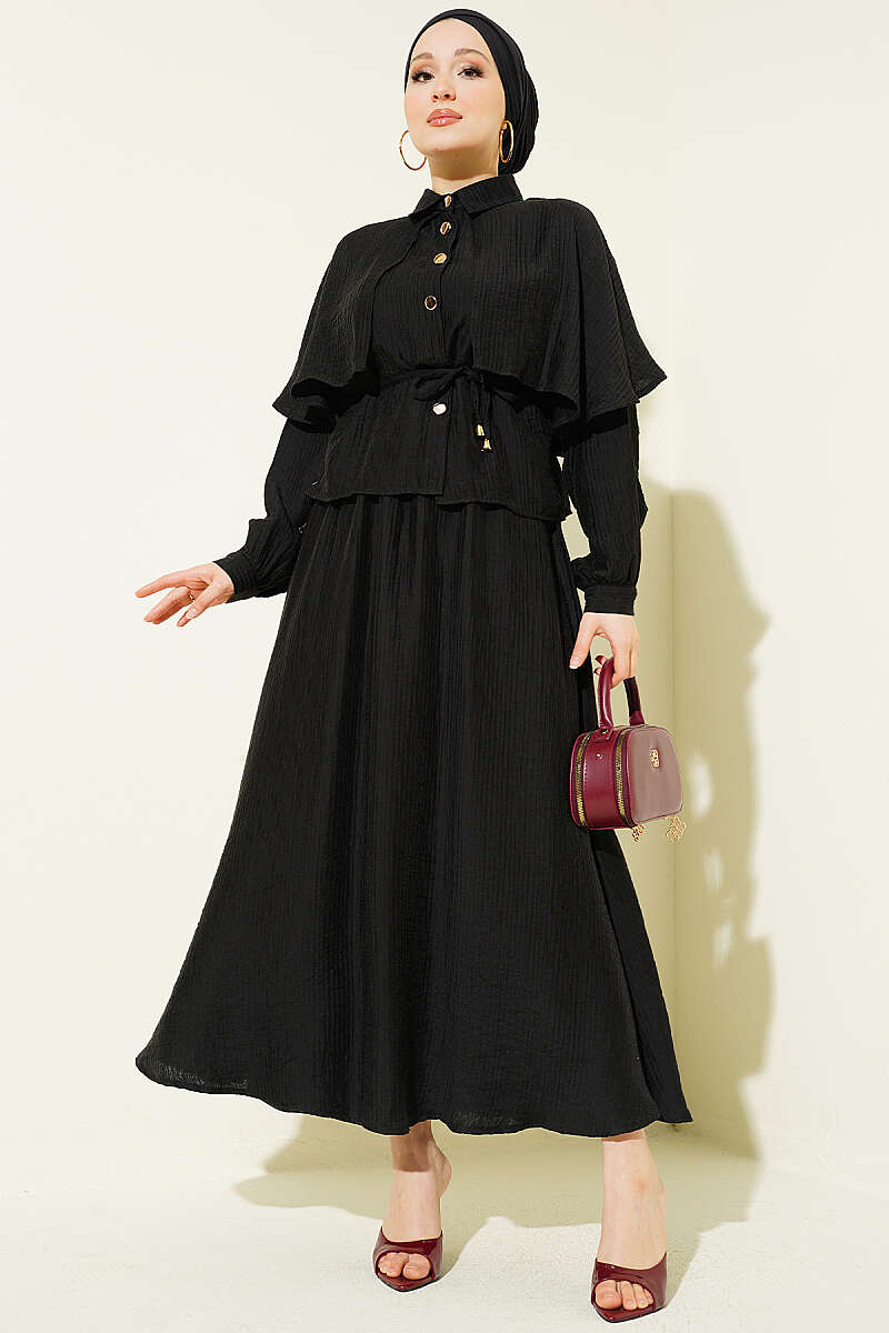 Two-Piece Skirt Set with Cape Blouse - Black