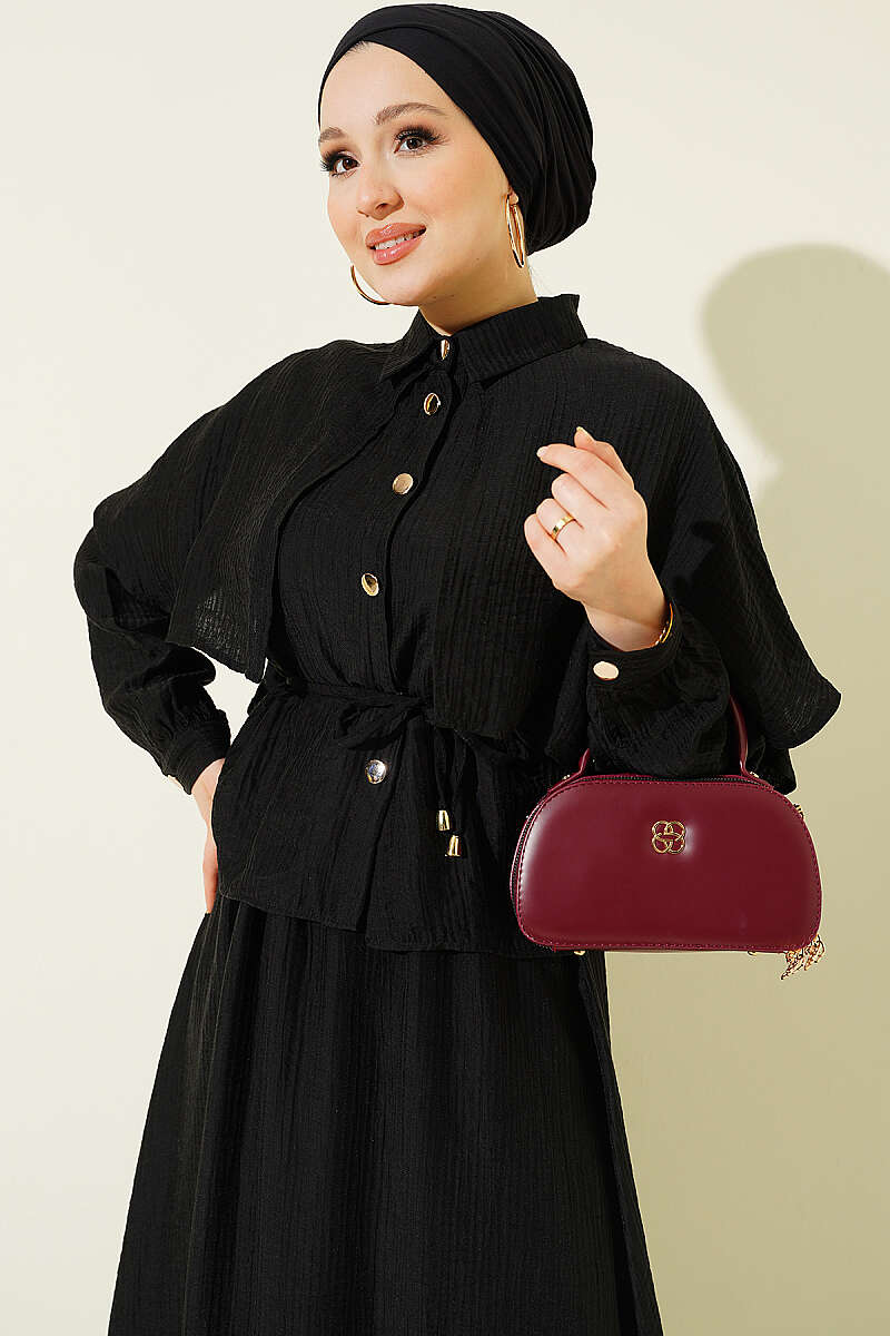 Two-Piece Skirt Set with Cape Blouse - Black