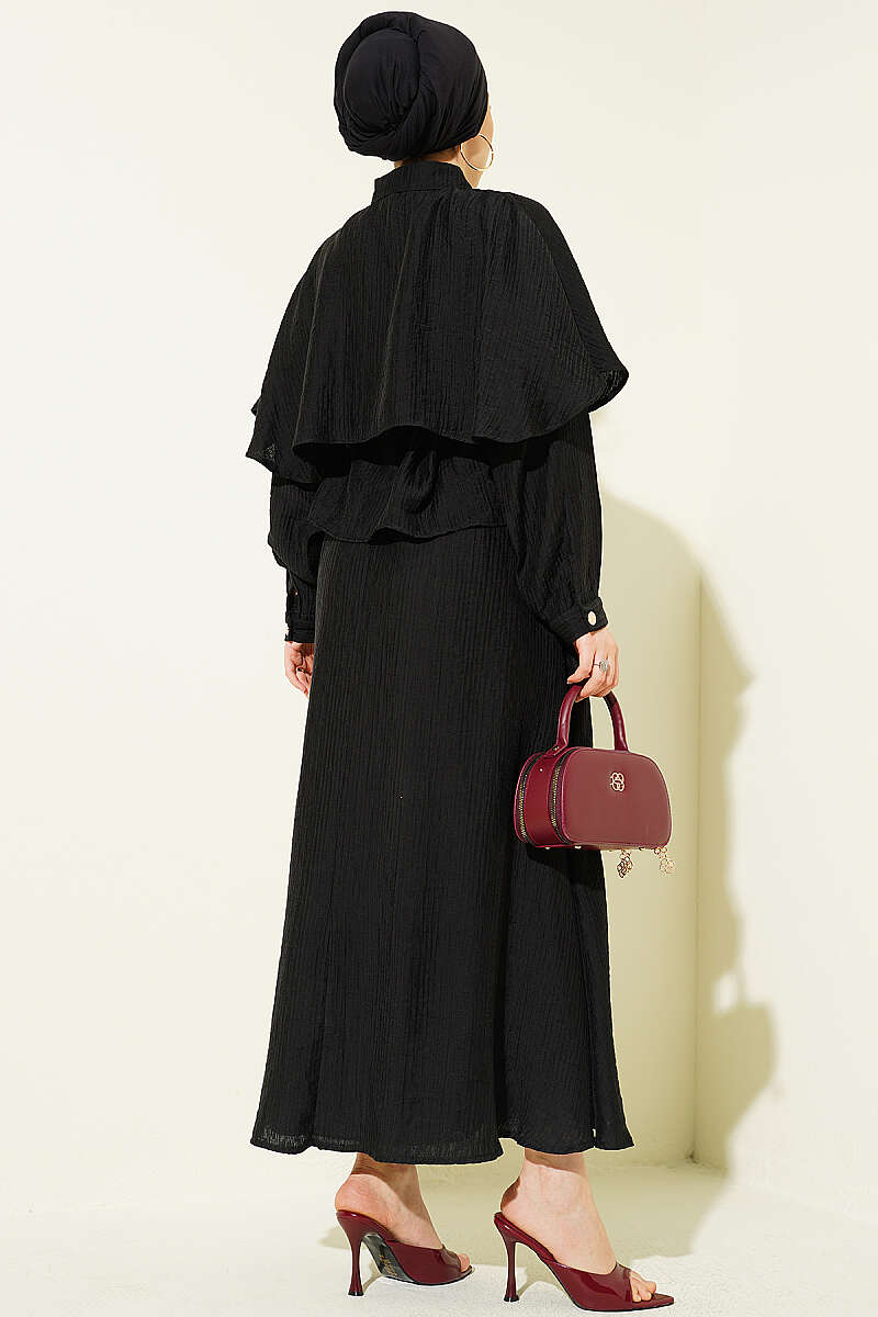 Two-Piece Skirt Set with Cape Blouse - Black