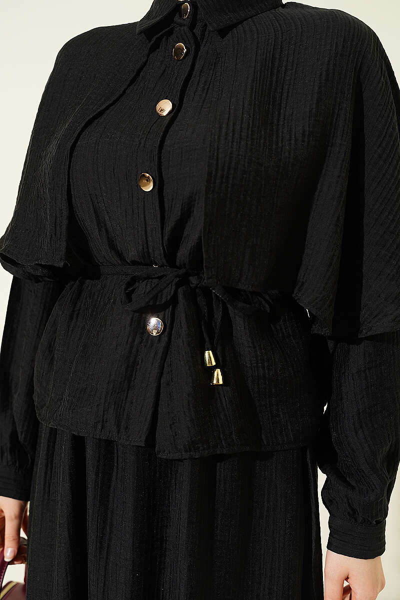 Two-Piece Skirt Set with Cape Blouse - Black