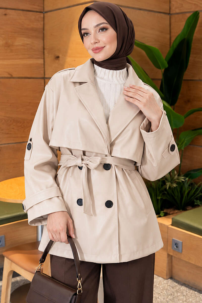 Leather Trench Coat with Cape and Epaulettes - Beige