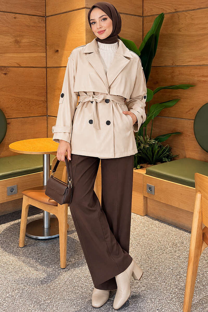 Leather Trench Coat with Cape and Epaulettes - Beige
