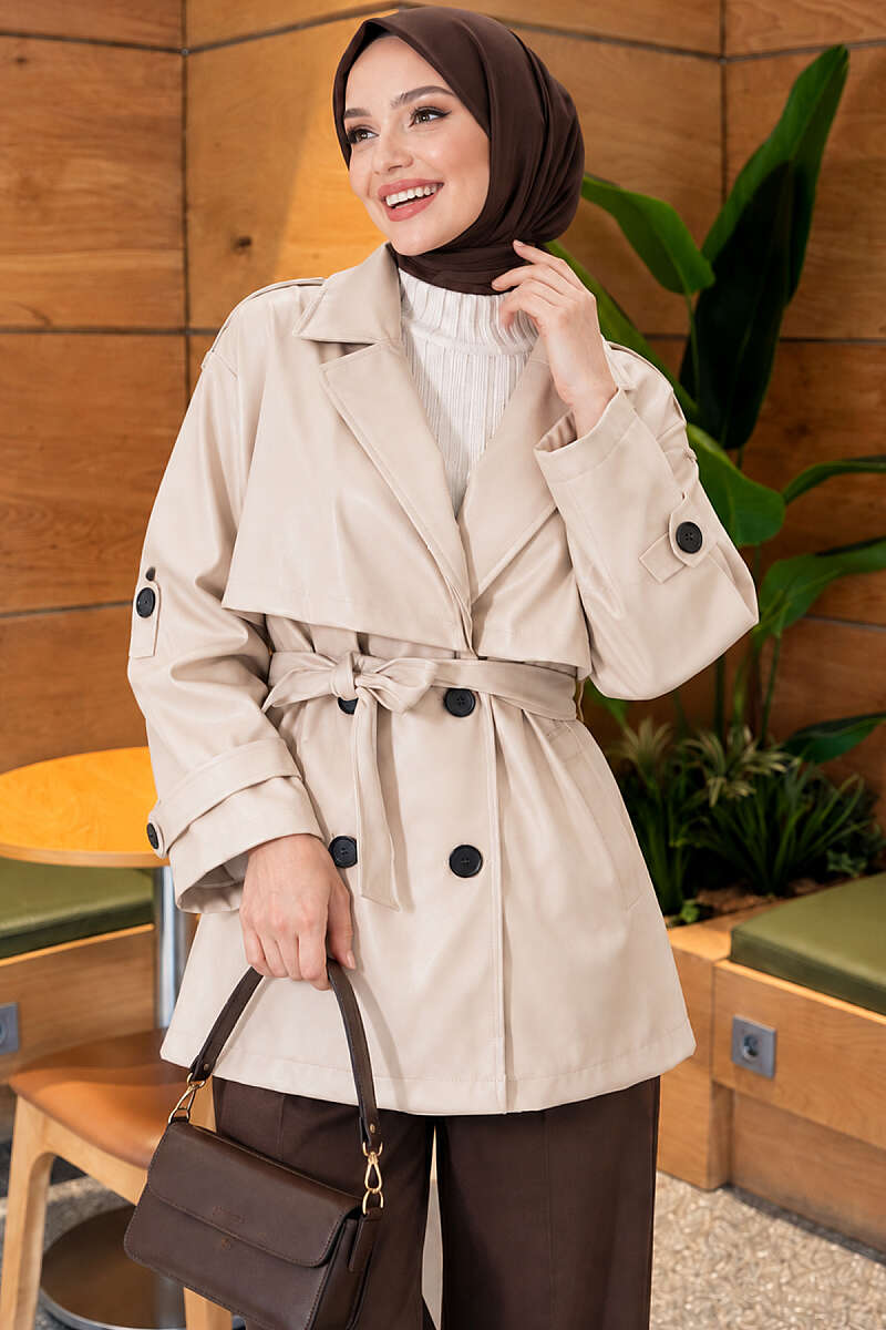 Leather Trench Coat with Cape and Epaulettes - Beige