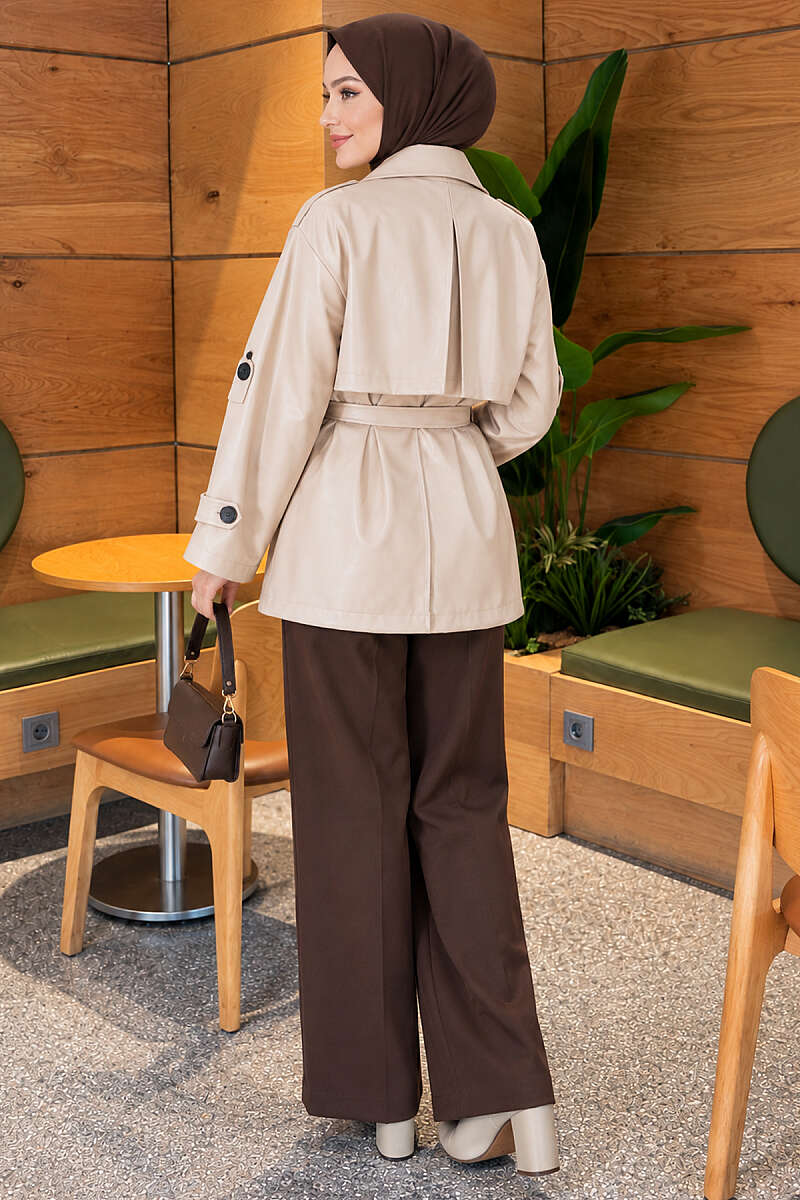Leather Trench Coat with Cape and Epaulettes - Beige