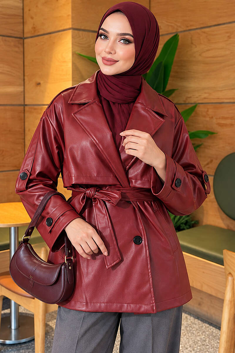 Leather Trench Coat with Cape and Epaulettes - Burgundy