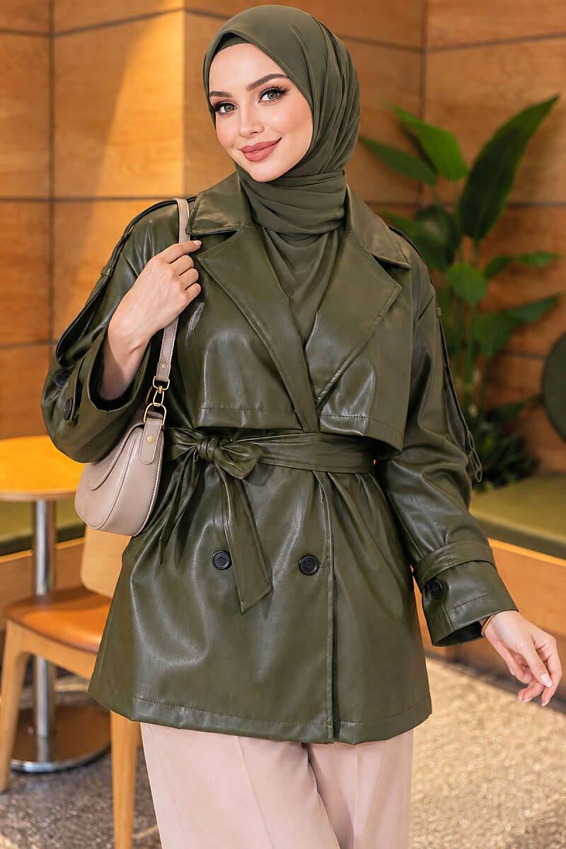 Leather Trench Coat with Cape and Epaulettes - Khaki
