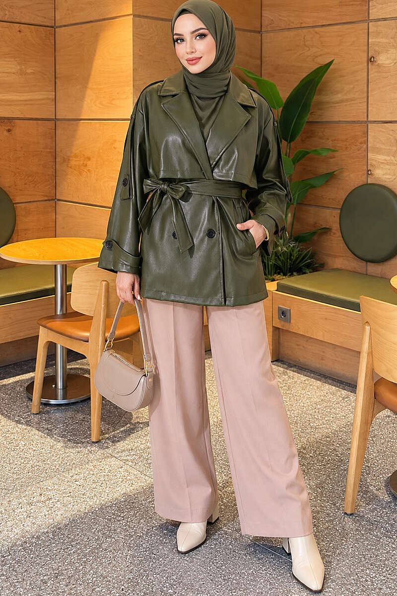 Leather Trench Coat with Cape and Epaulettes - Khaki