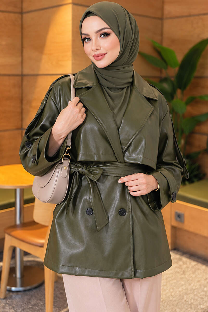 Leather Trench Coat with Cape and Epaulettes - Khaki