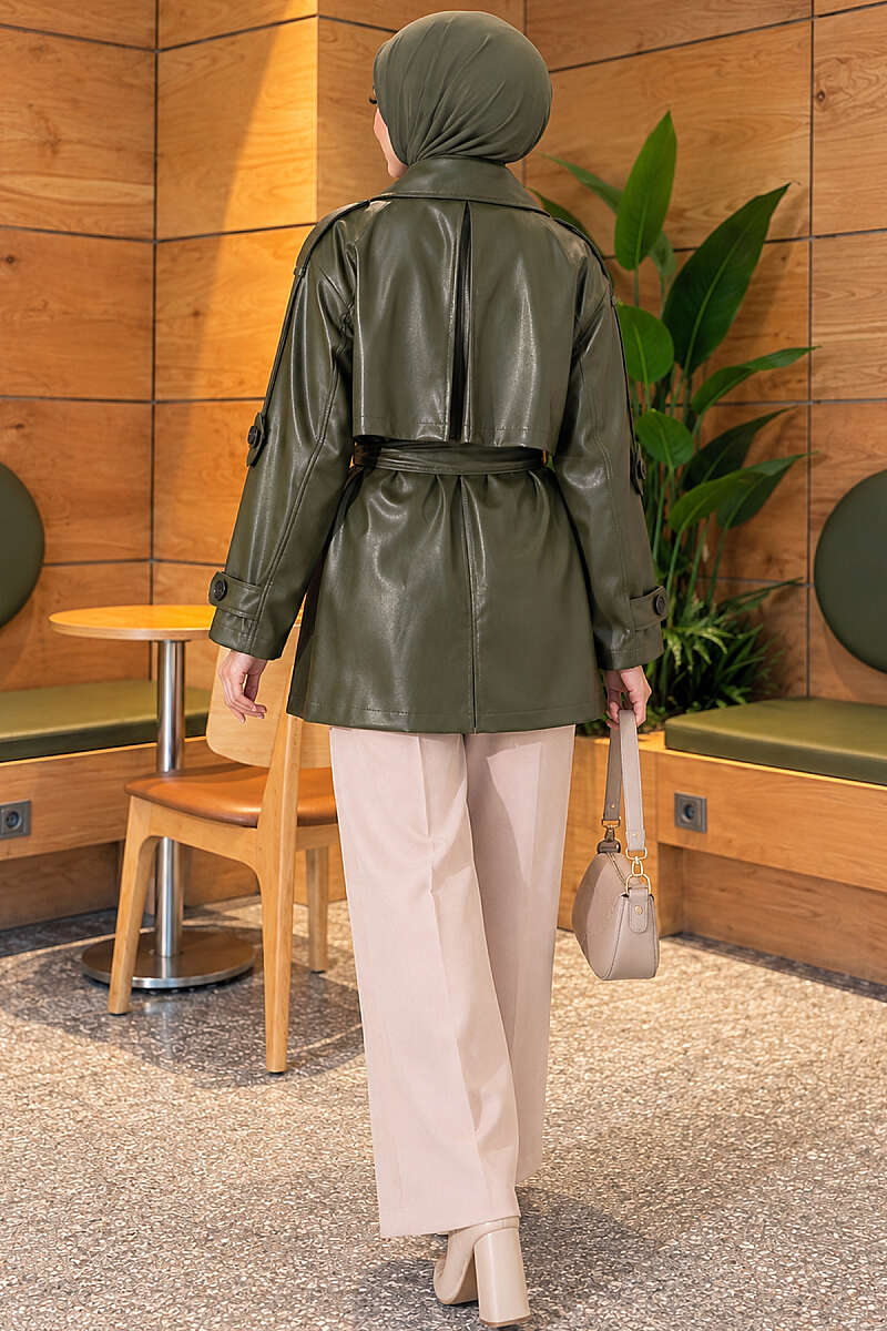 Leather Trench Coat with Cape and Epaulettes - Khaki