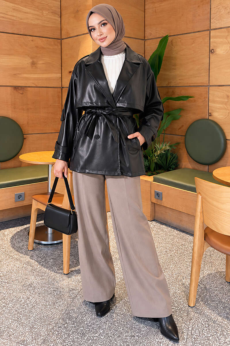 Leather Trench Coat with Cape and Epaulettes - Black