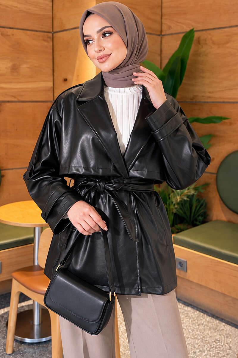 Leather Trench Coat with Cape and Epaulettes - Black