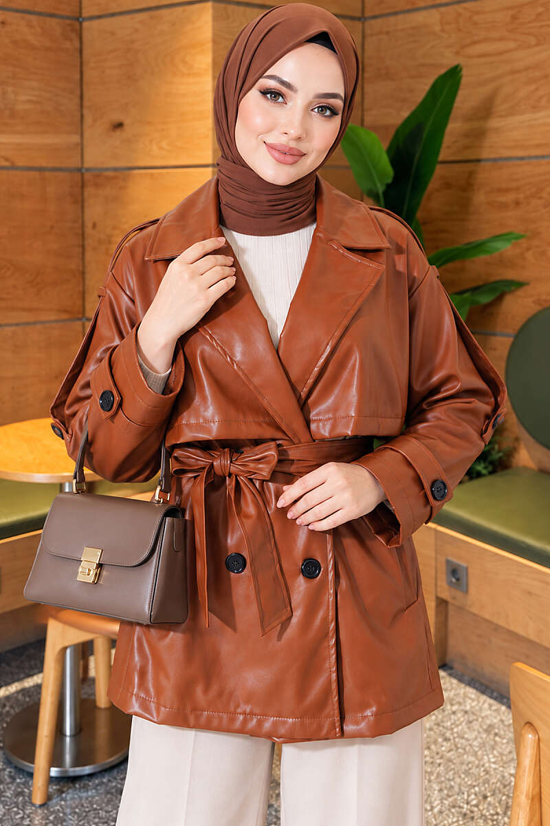 Leather Trench Coat with Cape and Epaulettes - Tan