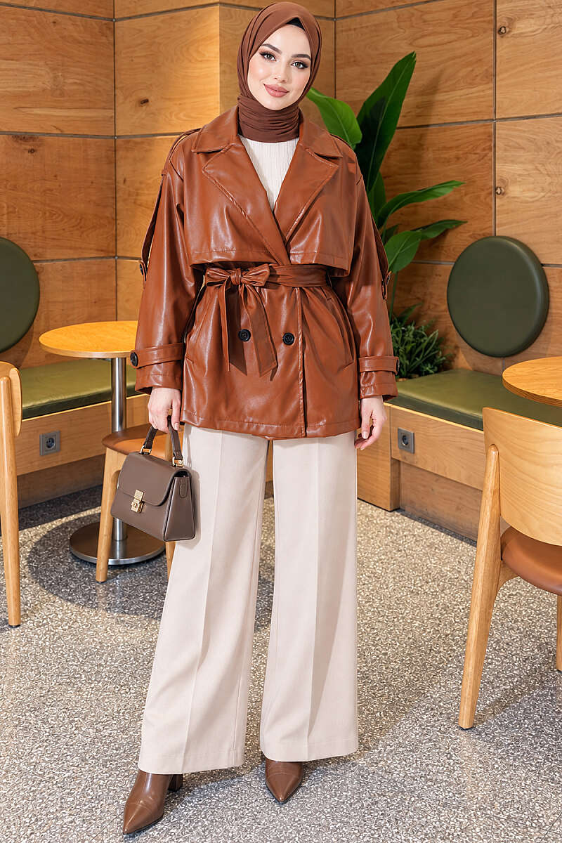 Leather Trench Coat with Cape and Epaulettes - Tan