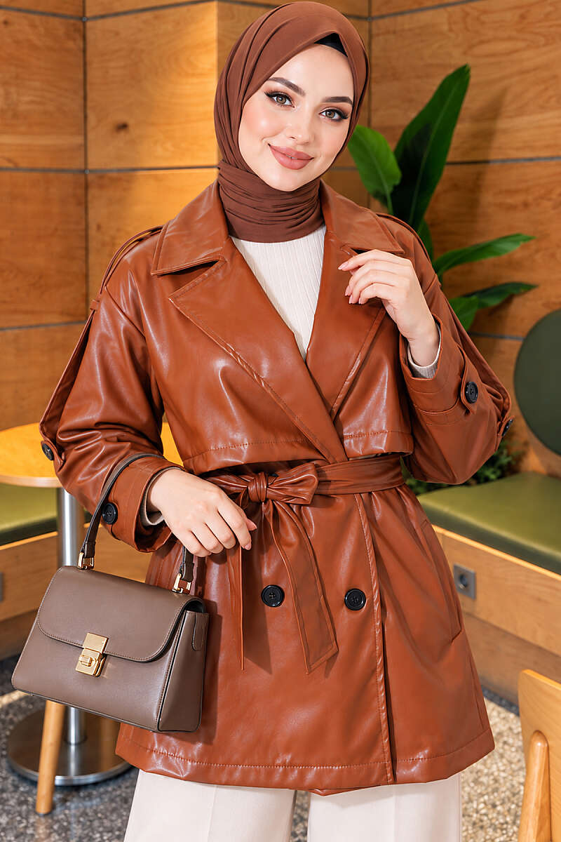 Leather Trench Coat with Cape and Epaulettes - Tan
