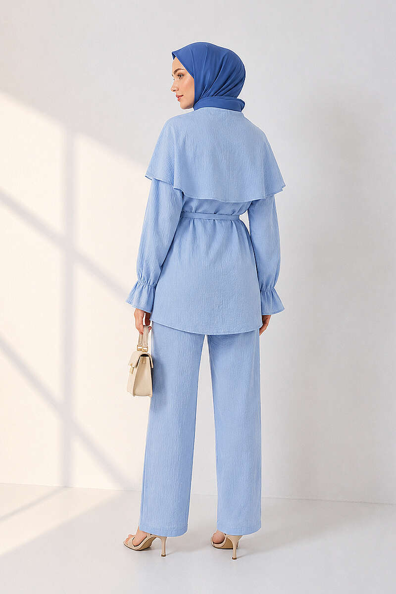 Button Two-Piece Set with Cape Detail - Light Blue