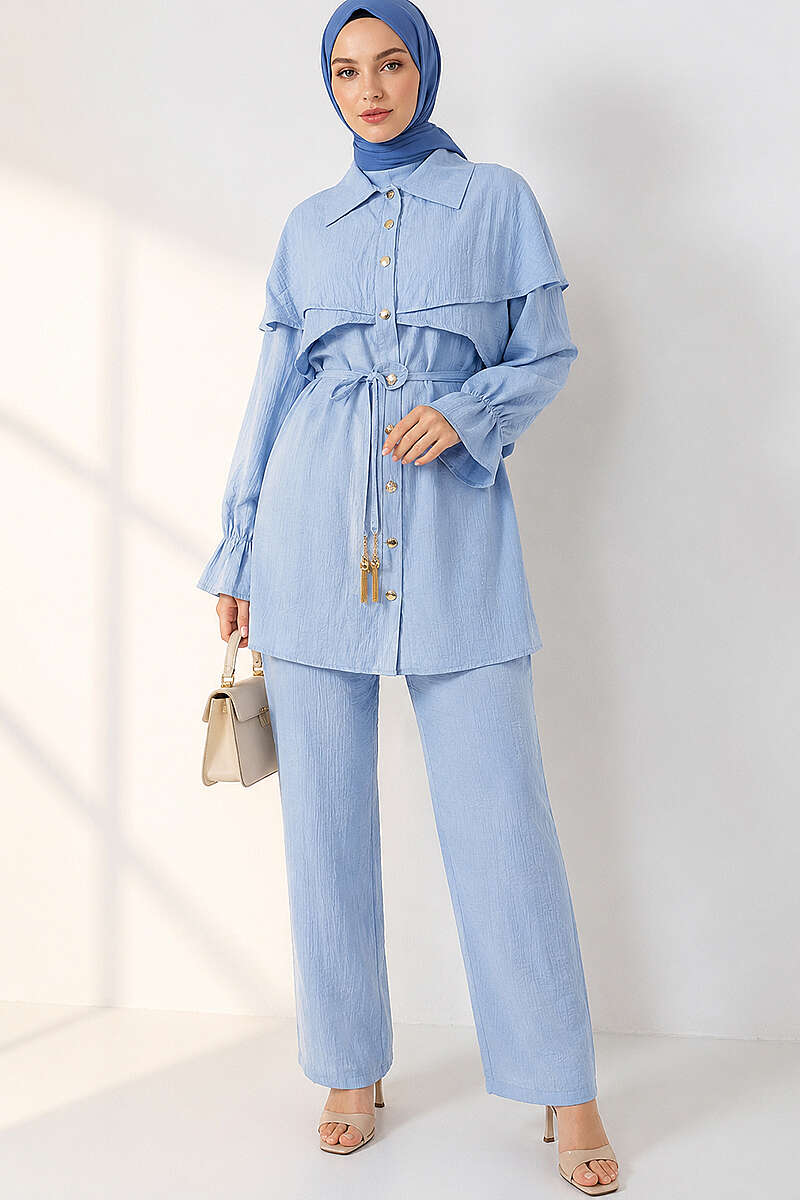 Button Two-Piece Set with Cape Detail - Light Blue