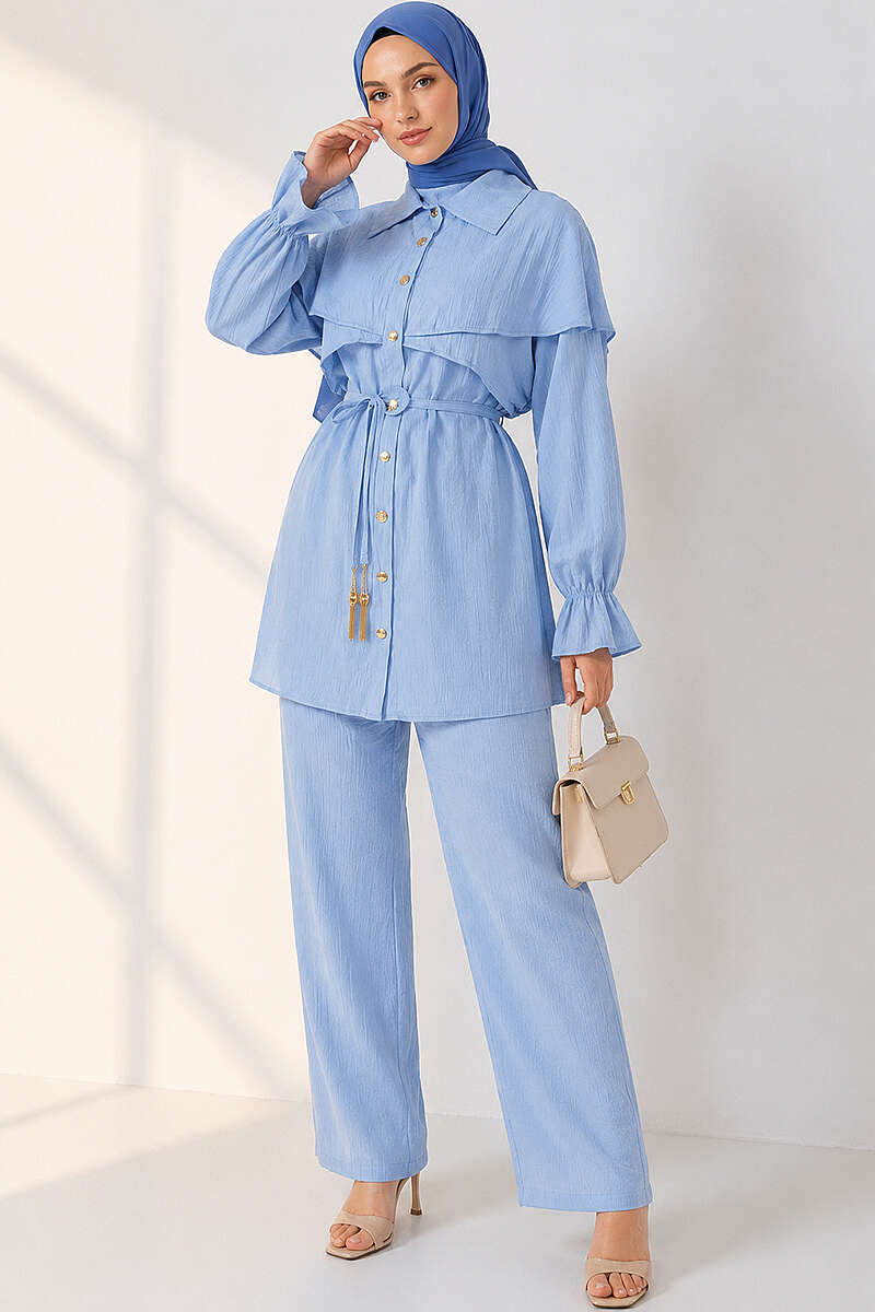 Button Two-Piece Set with Cape Detail - Light Blue