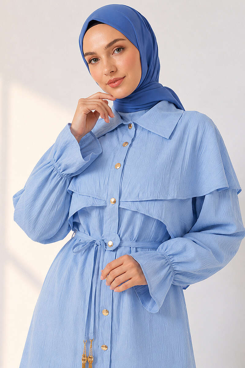 Button Two-Piece Set with Cape Detail - Light Blue