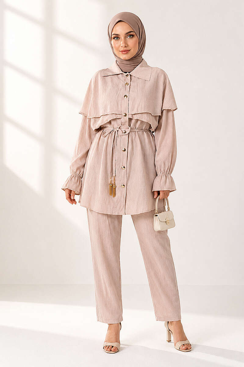 Button Two-Piece Set with Cape Detail - Beige