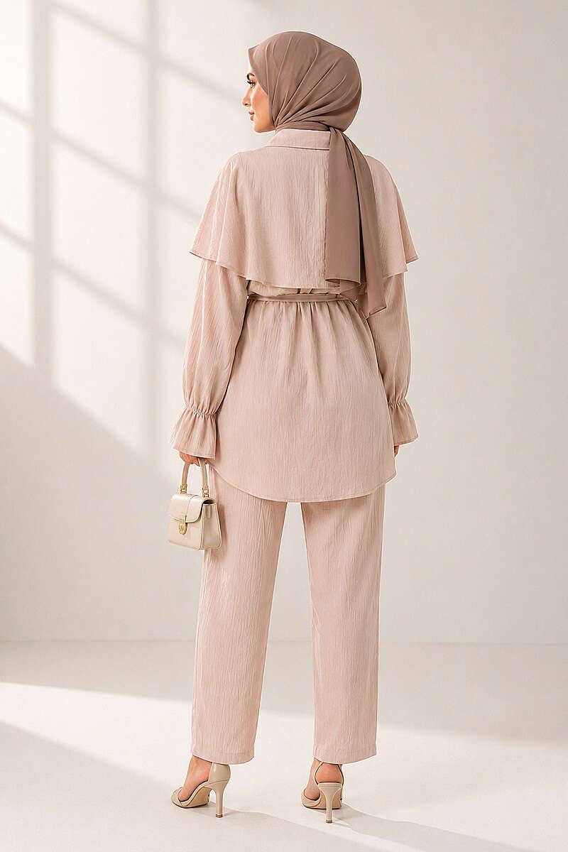Button Two-Piece Set with Cape Detail - Beige