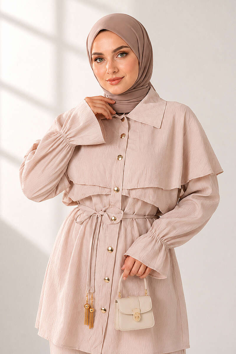 Button Two-Piece Set with Cape Detail - Beige