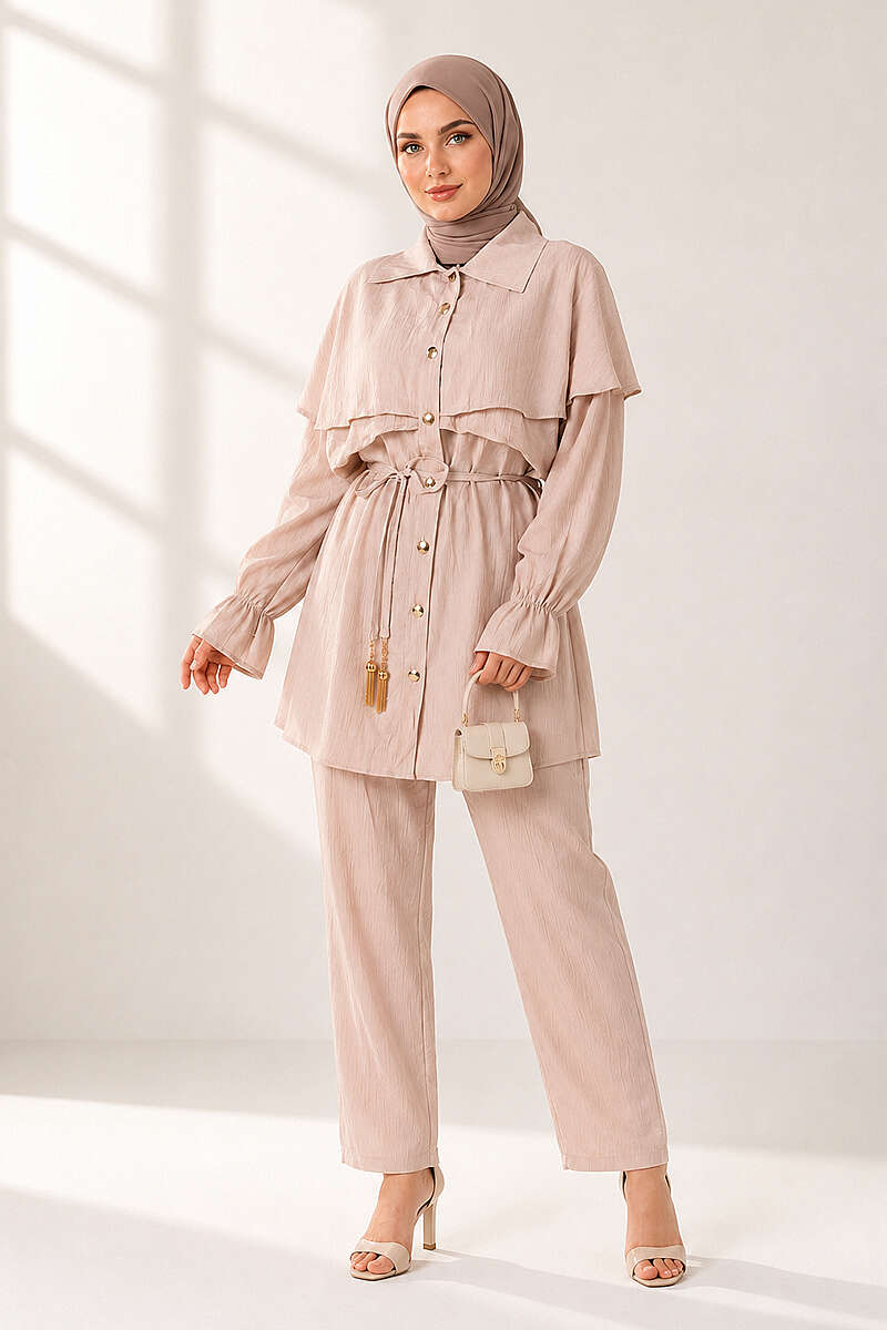 Button Two-Piece Set with Cape Detail - Beige