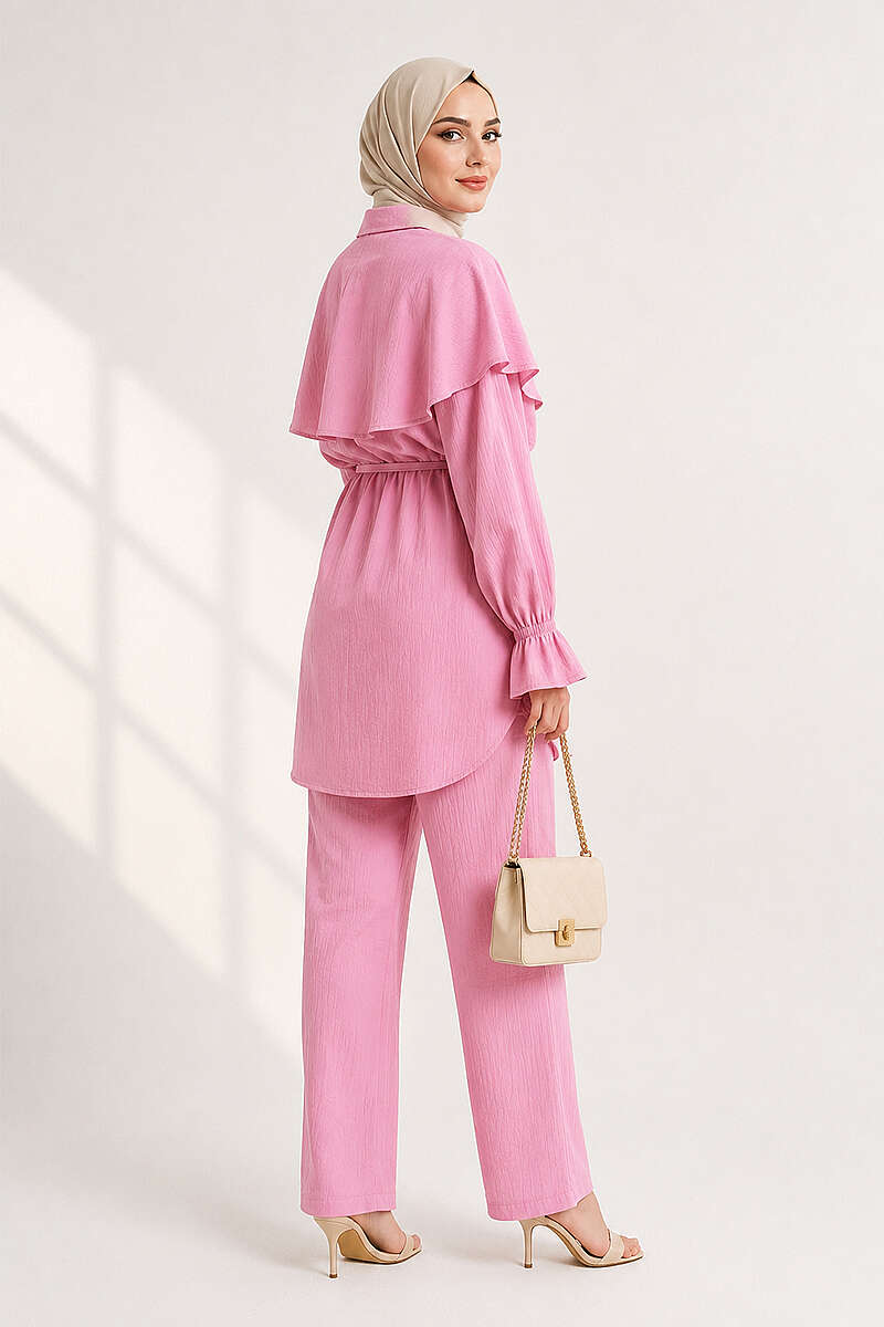 Button Two-Piece Set with Cape Detail - Pink
