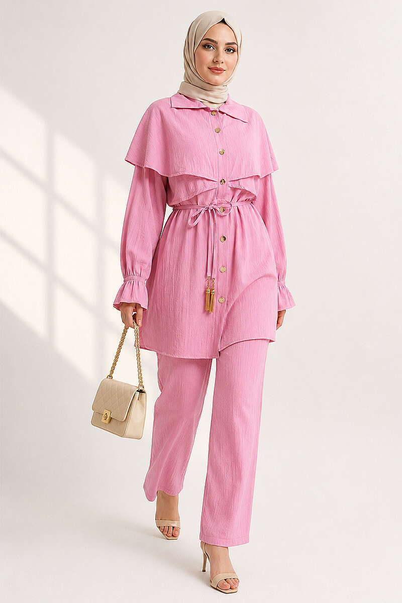 Button Two-Piece Set with Cape Detail - Pink