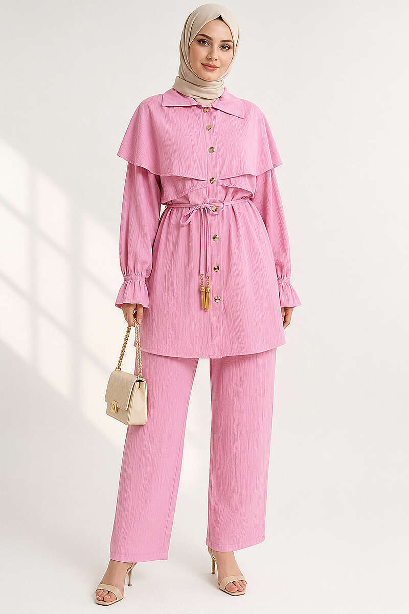 Button Two-Piece Set with Cape Detail - Pink
