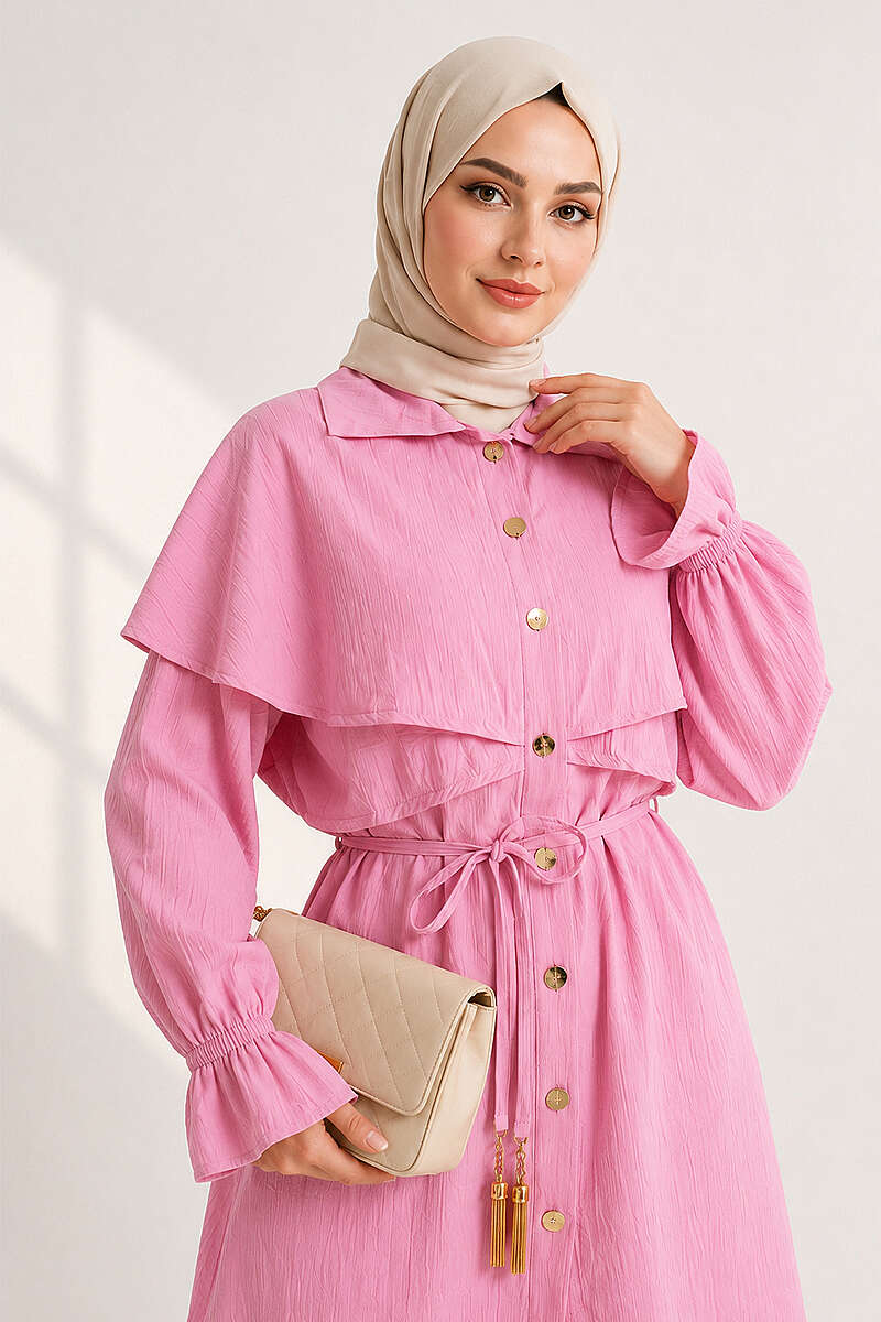 Button Two-Piece Set with Cape Detail - Pink
