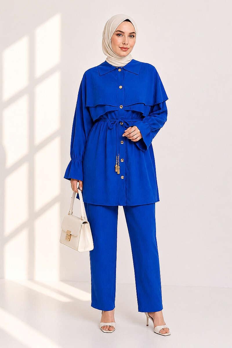 Button Two-Piece Set with Cape Detail - Saxe Blue