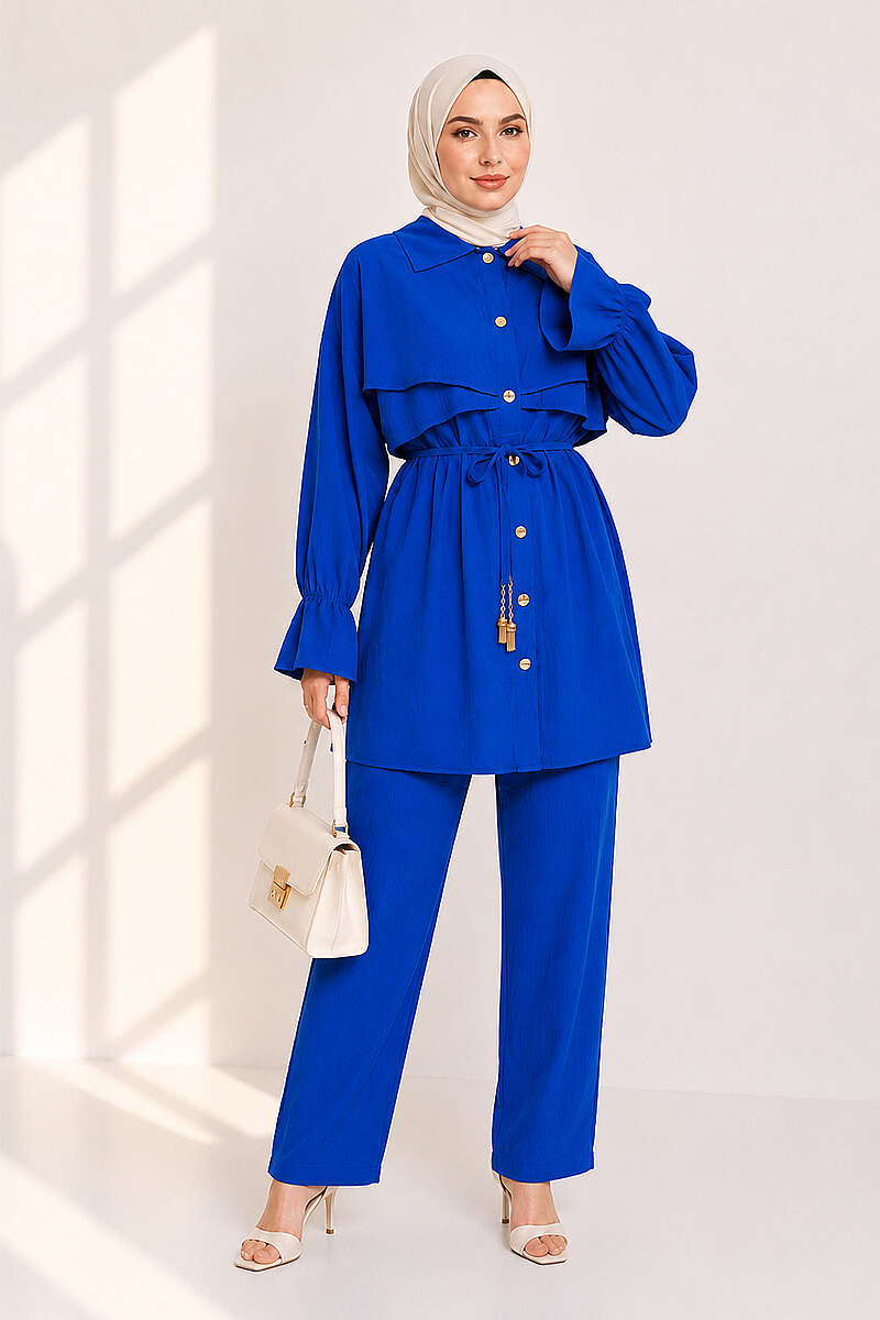 Button Two-Piece Set with Cape Detail - Saxe Blue