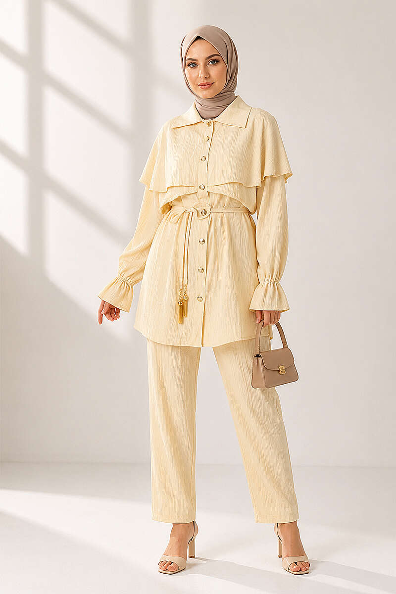 Button Two-Piece Set with Cape Detail - Yellow