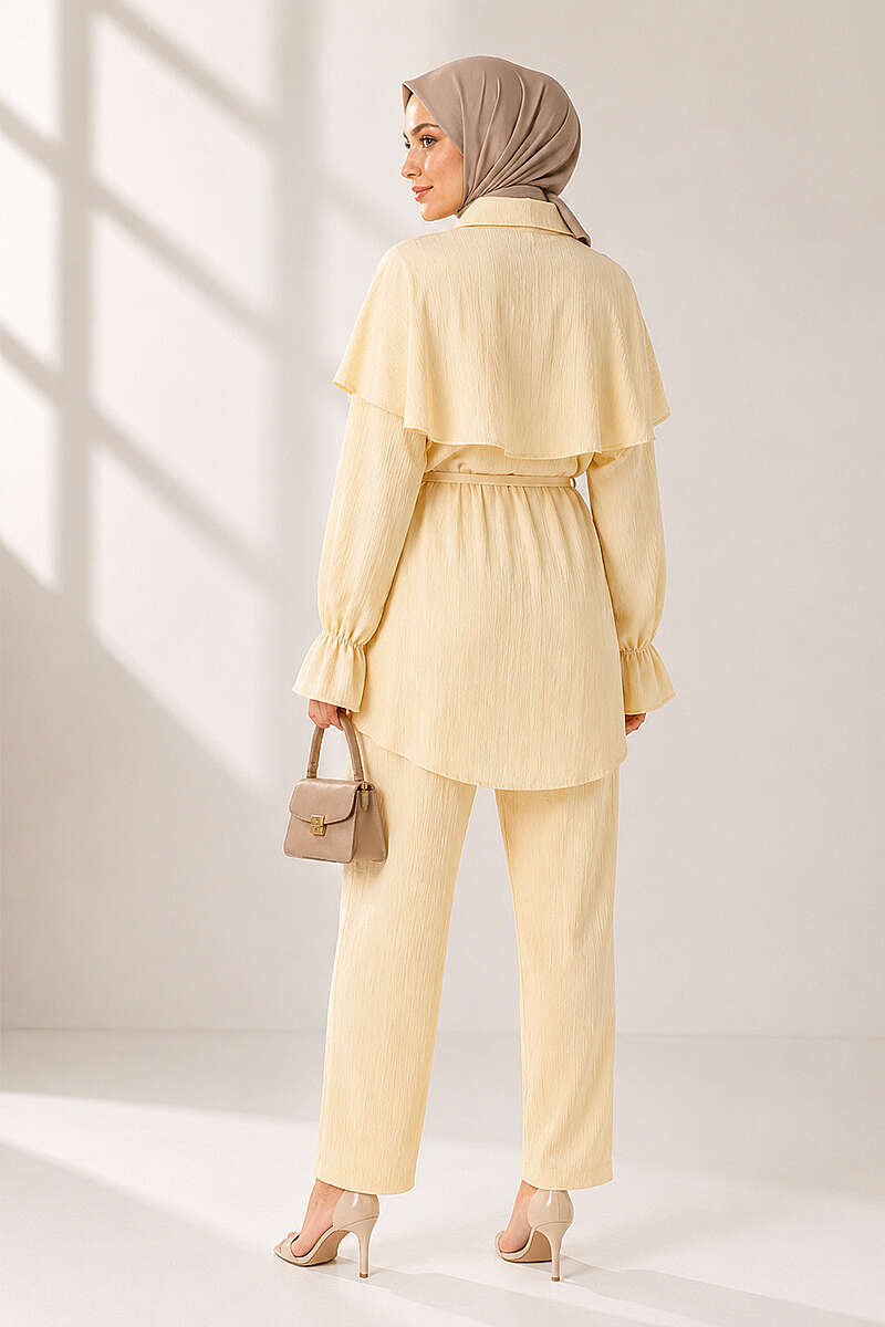 Button Two-Piece Set with Cape Detail - Yellow