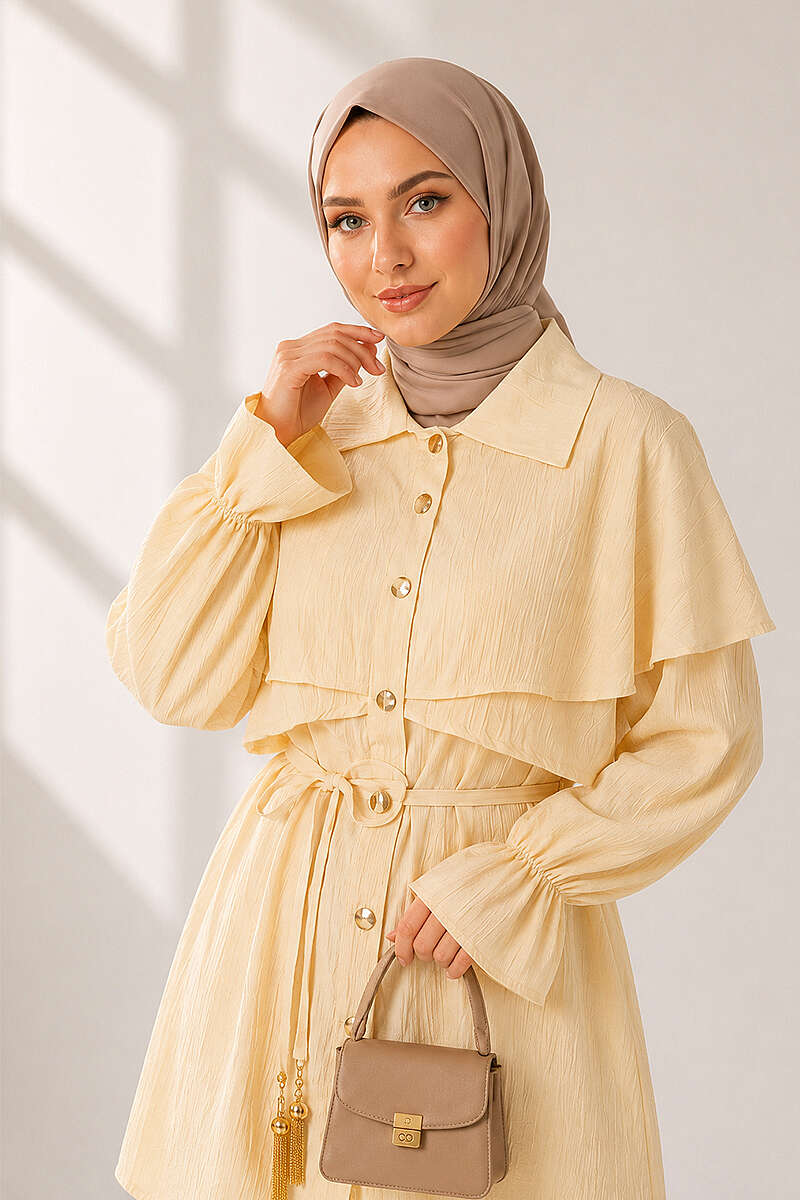 Button Two-Piece Set with Cape Detail - Yellow