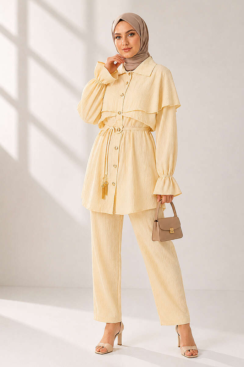 Button Two-Piece Set with Cape Detail - Yellow