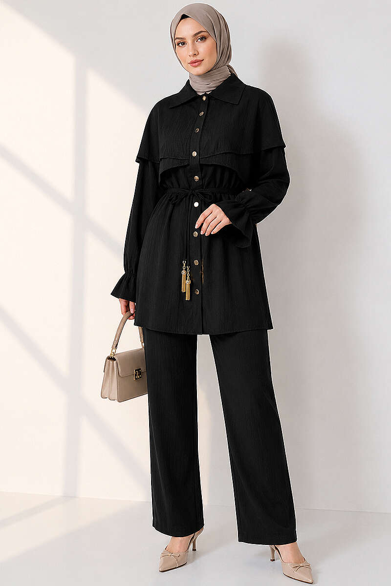 Button Two-Piece Set with Cape Detail - Black
