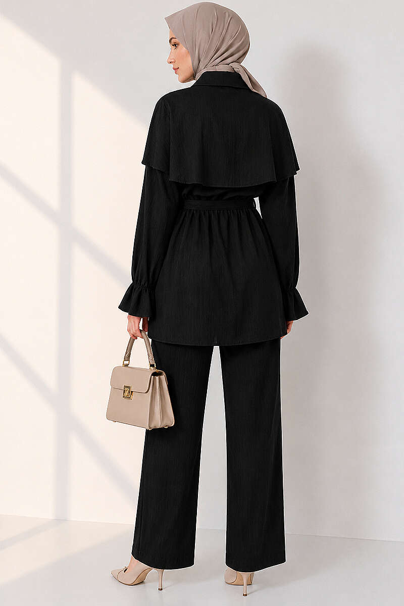 Button Two-Piece Set with Cape Detail - Black